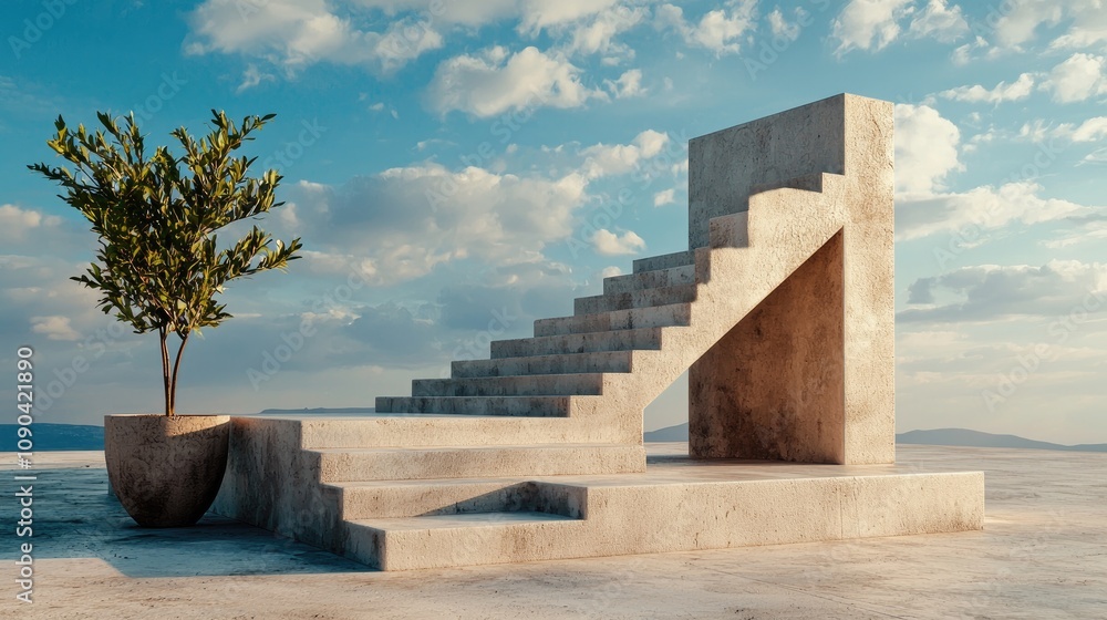 Fototapeta premium A modern, abstract staircase structure with a tree, set against a scenic sky, blending nature with minimalist design.