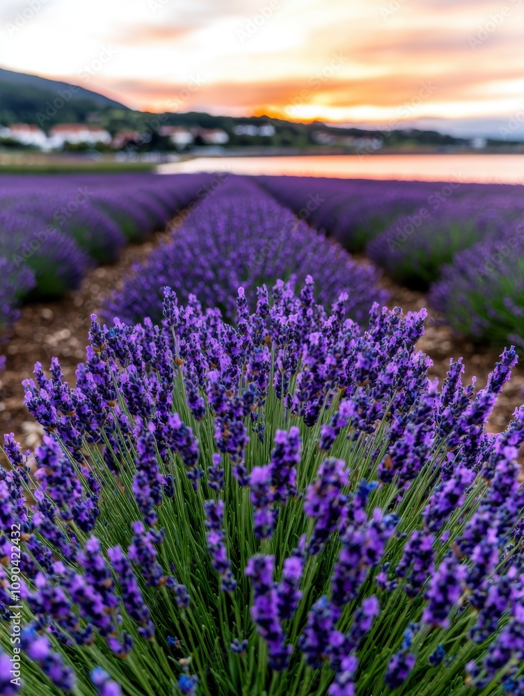 Fototapeta premium Vibrant lavender field at sunset