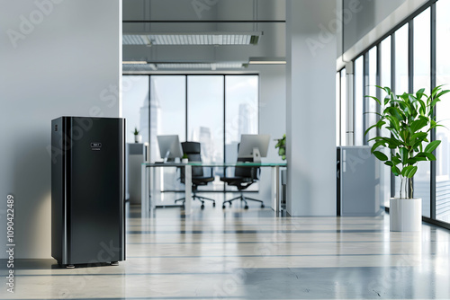 Modern office with sleek black air purifier, green plant, and polished concrete for tech vibes