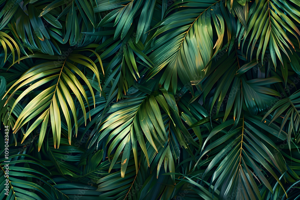 Fototapeta premium Rich green palm leaves creating a textured, tropical backdrop with natural depth.