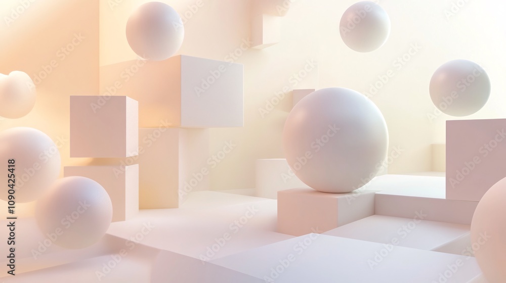 Pastel Geometric Harmony - Abstract 3D Composition with Spheres and Cubes on Gradient Background Pastel Geometric Harmony - Abstract 3D Composition with Spheres and Cubes on Gradient Background