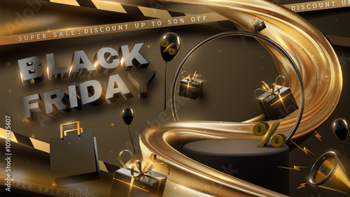 Black Friday poster template and black podium with golden Black Friday decorations, luxurious style, 3D realistic with glitter effect decoration and bokeh.