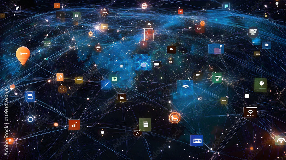Obraz premium Global Network of Connected Devices: A Visual Representation of the Internet of Things (IoT) and Interconnected Systems