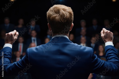 Motivational speaker addressing a crowd dynamic composition emphasizing energy and inspiration in the room photo