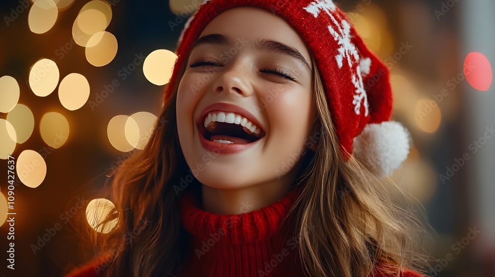 Joyful young woman in a festive red sweater and hat, celebrating the holiday spirit. Joyful young woman in a festive red sweater and hat, celebrating the holiday spirit.
