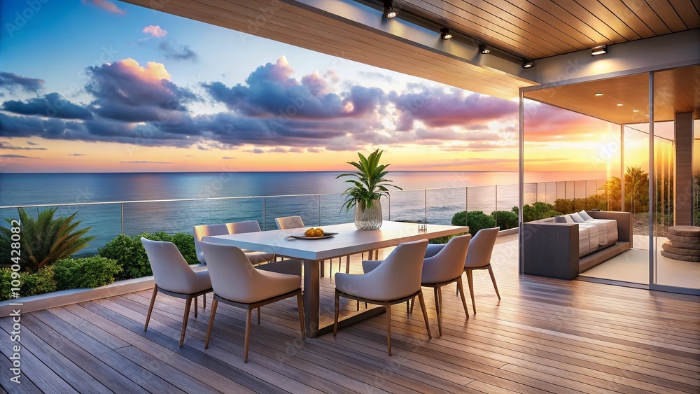 Fototapeta premium Modern Sea View Dining Terrace - Contemporary Outdoor Decor