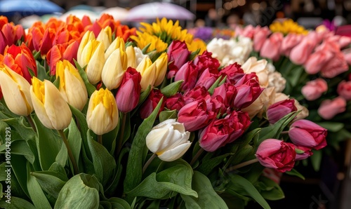 Vibrant tulips and carnations in a flower market