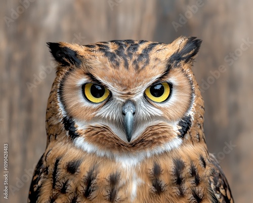 Close-up portrait of a majestic owl with piercing yellow eyes