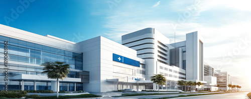 Modern hospital building with sleek glass exterior under a clear blue sky