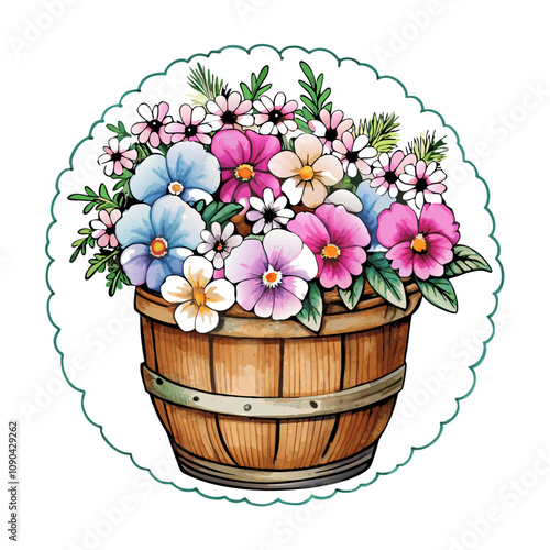 Watercolor wooden half barrel planter full of daisies and pansies vector illustration (9)