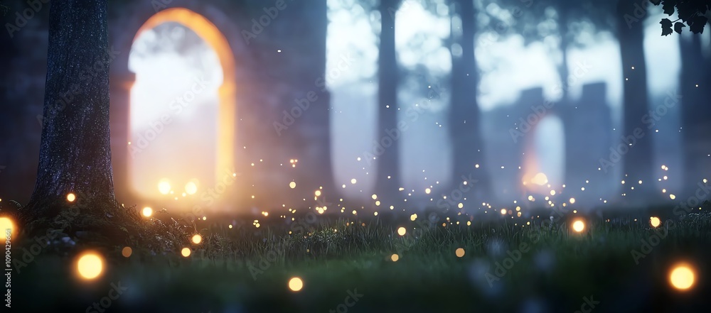 Mystical forest scene at twilight. Glowing orbs float above the ground ...