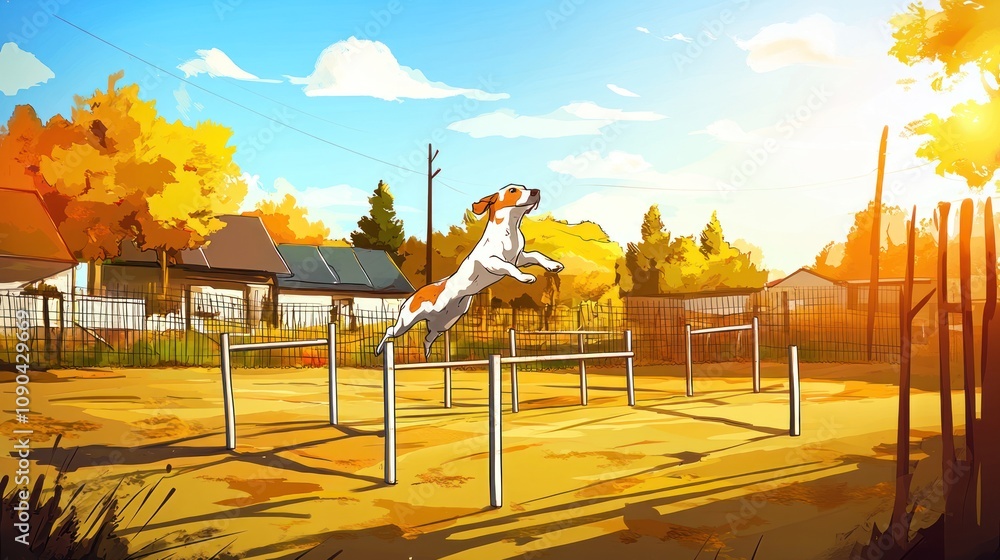 Fototapeta premium A dog leaps over hurdles in a sunlit outdoor training area surrounded by trees and houses.