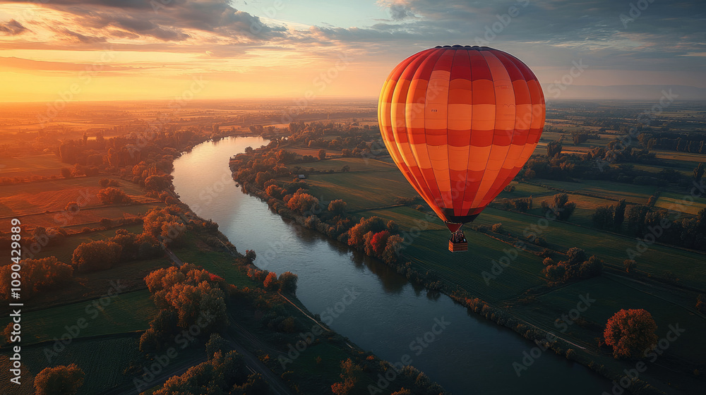 Obraz premium Hot Air Balloon Flight Over River at Sunset