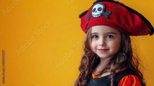 A young girl dressed as a pirate with a red hat and a skull and crossbones on it, looks at the camera while smiling against a yellow background.