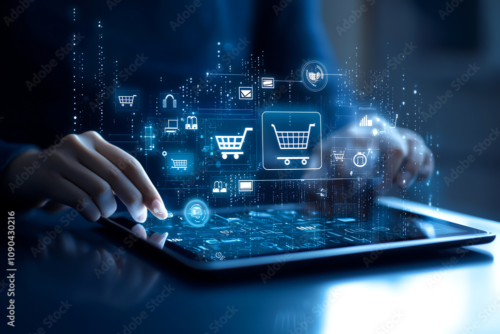 Fototapeta premium Person interacts with futuristic tablet displaying digital shopping carts, representing e-commerce and online transactions. Innovative digital interface in tech-driven environment.