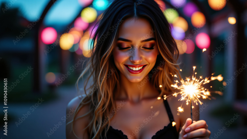 Fototapeta premium Woman Holding Sparkler with Joyful Glow and Colorful Bokeh Background