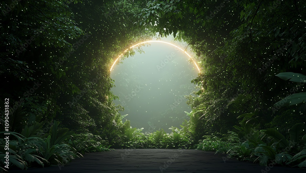 Fototapeta premium Serene jungle scene with lush greenery and a circular light opening