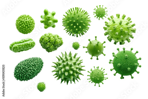 A collection of various green microbes and bacteria displayed on a white background. transparent background