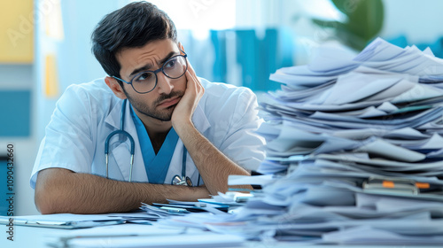 A doctor looks stressed while surrounded by piles of paperwork in a medical office, illustrating the challenges in healthcare.