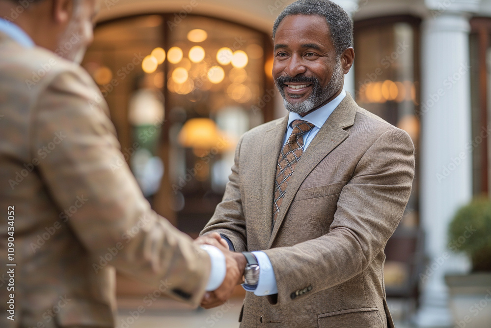 Fototapeta premium Two men shaking hands in a business setting