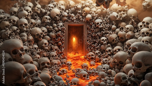 Surreal scene of countless skulls surrounding a glowing doorway among swirling flames. The image evokes a sense of mystery, the afterlife, and the unknown realms beyond our world. photo