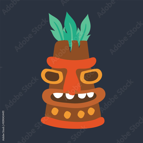 wooden ethnic statue with laugh face in flat vector design.