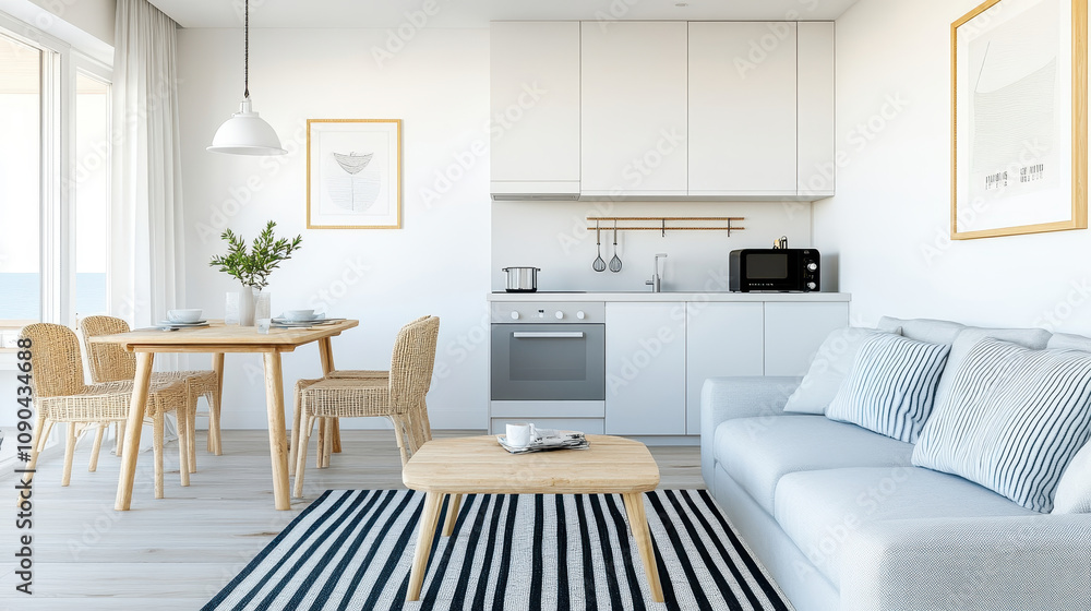 Fototapeta premium A modern, minimalist living space featuring a cozy sofa, dining table, and bright kitchen for a refreshing home ambiance.