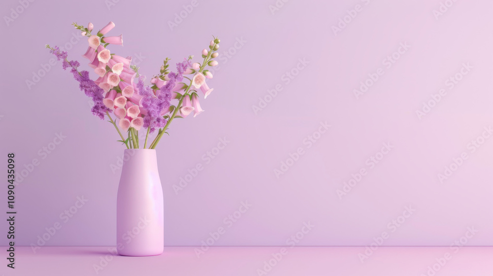 Naklejka premium Pink Flowers in a Vase Against a Lavender Wall