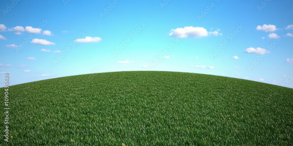 Fototapeta premium Lush Green Hill Under a Bright Blue Sky with Fluffy White Clouds – Serene Landscape for Nature and Outdoor Themes