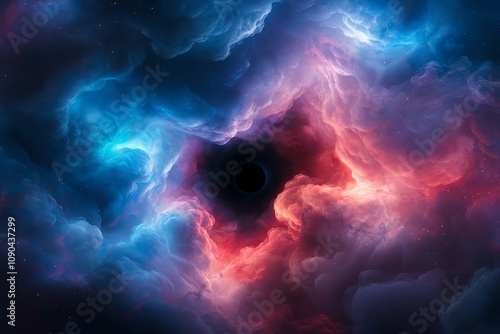 Vivid depiction of a cosmic nebula, showcasing swirling clouds of colorful gases with a mysterious dark core photo