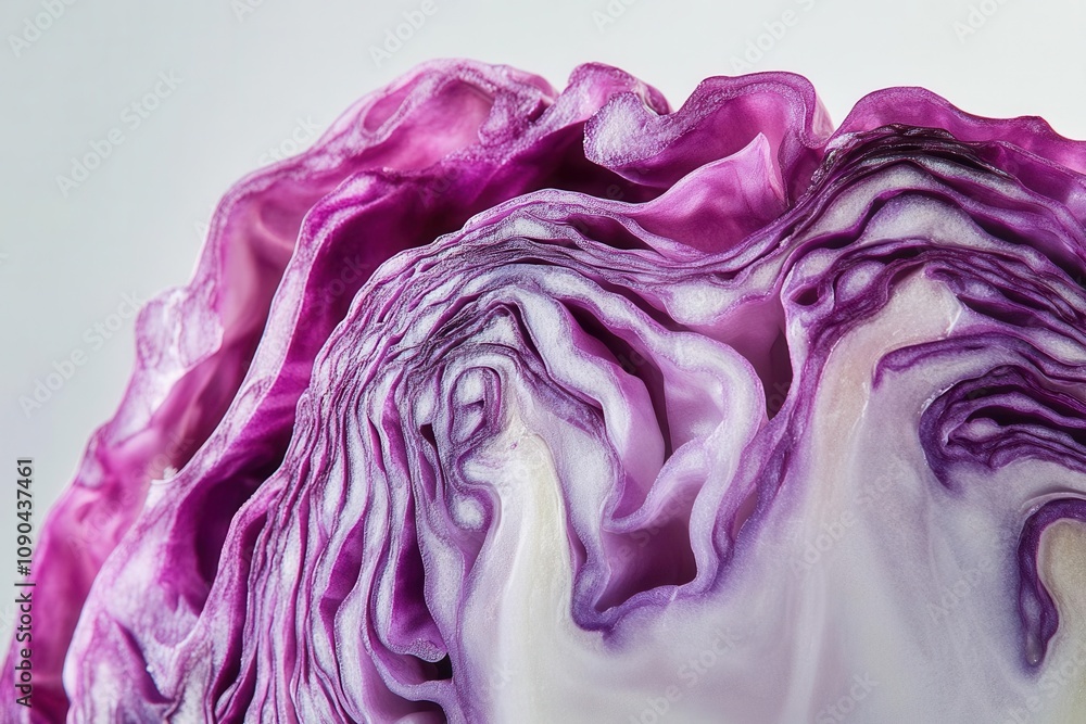 Obraz premium Isolated image of a halved purple cabbage, sharp contrast against a white background, highlighting the texture and vibrant color of this vegetable