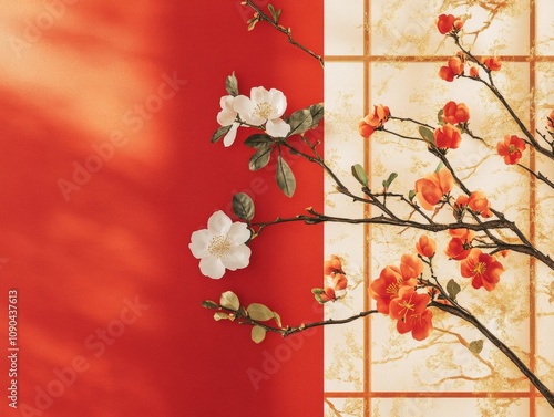 Red and White Blossoms: Delicate white blossoms on a branch with red and cream backgrounds. This image evokes a sense of tranquility and beauty.