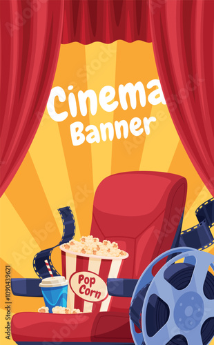 Cinema poster movie premiere announcement placard design template isometric vector