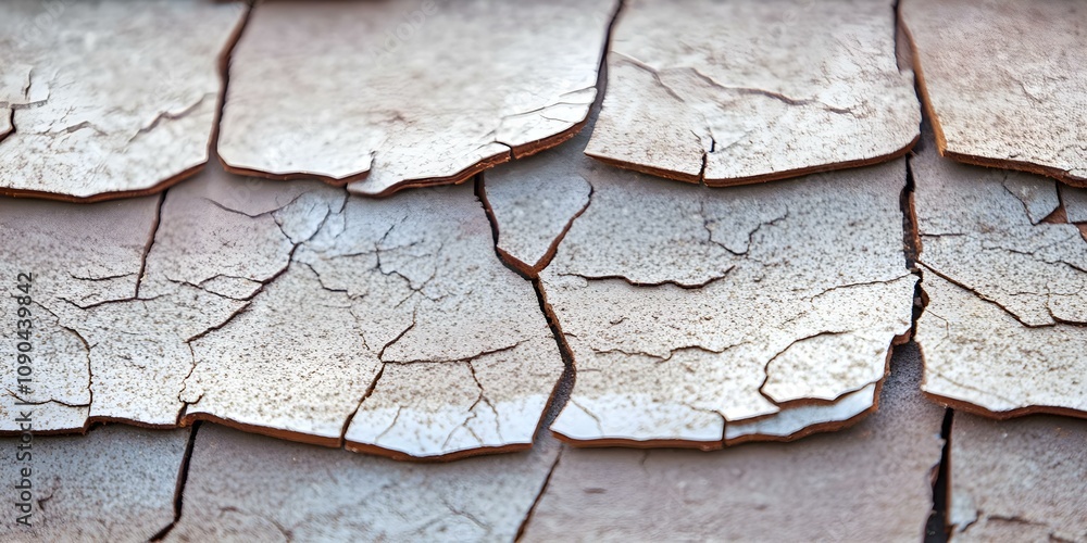 Obraz premium A close-up of weathered, cracked shingles on a roof, showcasing peeling paint and texture from age and exposure. Concept Weathered Roof Texture, Cracked Shingles, Peeling Paint Details