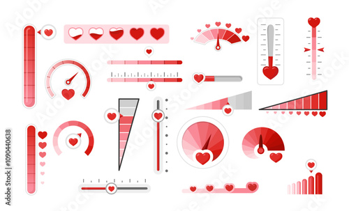 Love indicator Saint Valentine s Day meter with red heart set vector flat illustration
