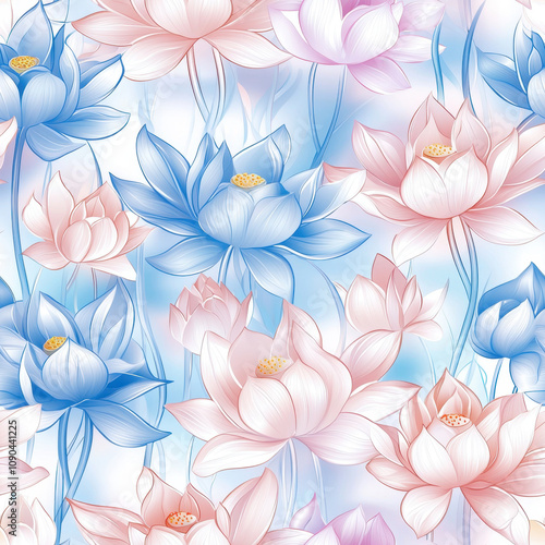 Elegant floral pattern featuring blue and pink lotus flowers on soft background, creating serene and tranquil atmosphere