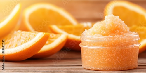 A jar of orange-scented scrub is surrounded by fresh orange slices. Concept Citrus Freshness, DIY Scrubs, Aromatherapy Benefits, Skincare Essentials, Natural Ingredients photo