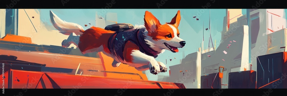 Naklejka premium A dynamic illustration of a corgi leaping over obstacles in a vibrant urban setting.
