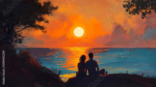 夕日を見つめるカップル