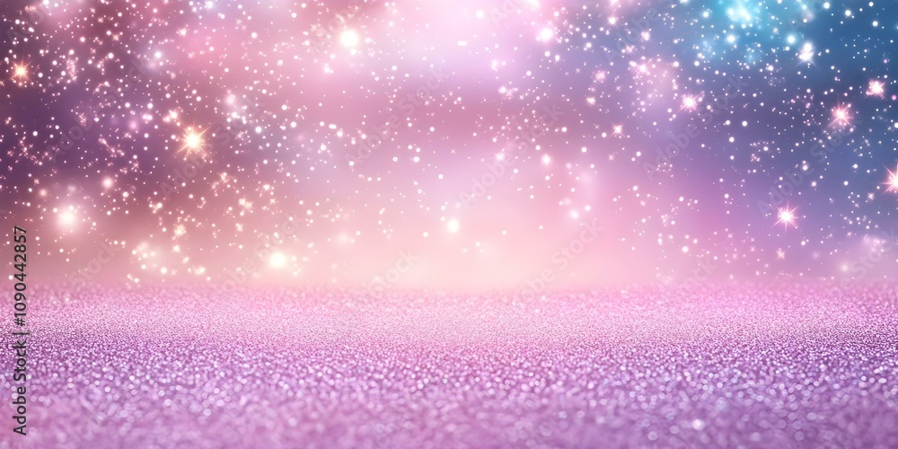 Obraz premium A dreamy background with glittering stars and sparkling particles in soft pastel colors of pink and blue. Concept Dreamy Starry Background, Sparkling Pastel Colors, Glittering Particles