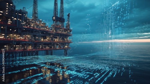 An offshore oil rig in the ocean, with digital data overlay.