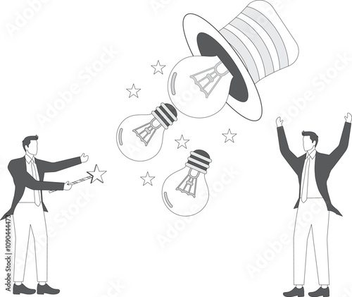 Male magician waves her magic wand and a big idea light bulb comes out of the magic hat