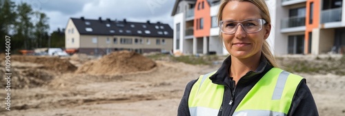 A woman in safety gear stands on a construction site with buildings in the background. photo