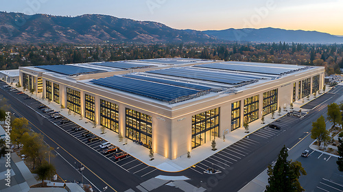 modern energy efficient data center featuring solar panels, surrounded by mountains and trees, showcasing sustainable architecture and design