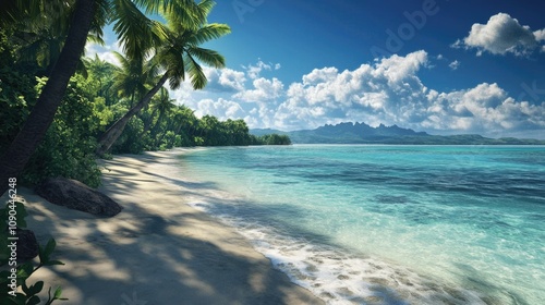 Virtual Ocean Paradise A digitally created ocean scene with a paradise-like setting, featuring stunning beaches and crystal-clear water. The virtual environment enhances the dreamlike and idyllic  photo