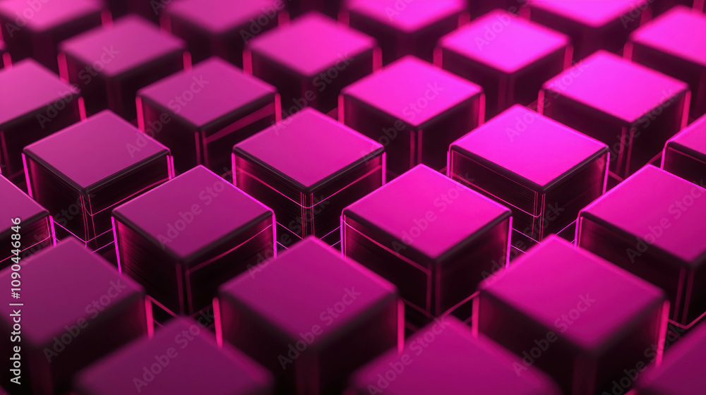 Fototapeta premium Vibrant 3D Visualization of Abstract Cube Arrangement in a Glowing Pink Background with Grid Pattern and Data Elements for Dynamic Applications