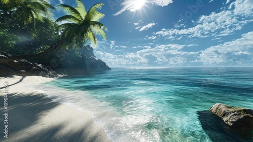 Virtual Ocean Paradise A digitally created ocean scene with a  setting, featuring stunning beaches and crystal-clear water. The virtual environment enhances the dreamlike and idyllic photo