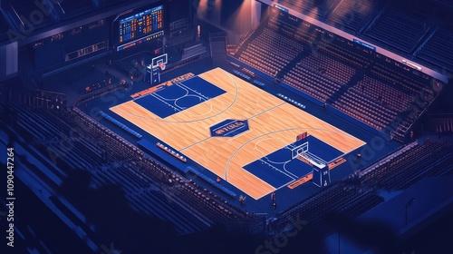 Isometric Illustration of an Empty College Basketball Court: Vibrant Colors, Dynamic Lines, and Engaging Composition in a Minimalistic Perspective View. photo