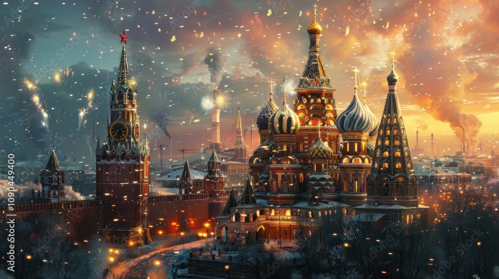 Obraz premium Snowy scene of St. Basil's Cathedral and Kremlin at sunset.