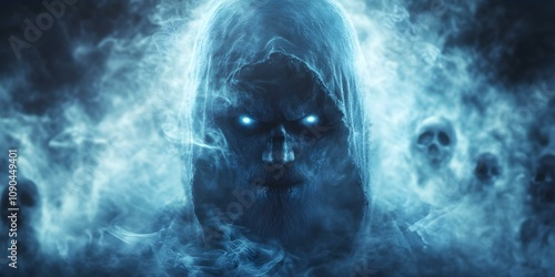 A haunting figure with glowing blue eyes, surrounded by mist and skulls, evoking a dark and eerie atmosphere. Concept Haunting Figures, Glowing Blue Eyes, Eerie Atmosphere, Misty Environments photo